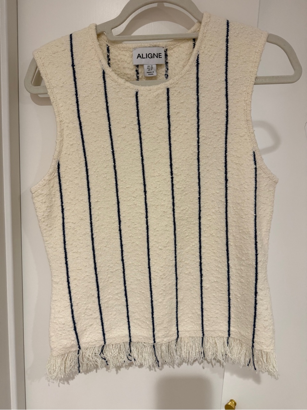 ALIGNE Cream Sleeveless Fringe Tank with Navy Stripes